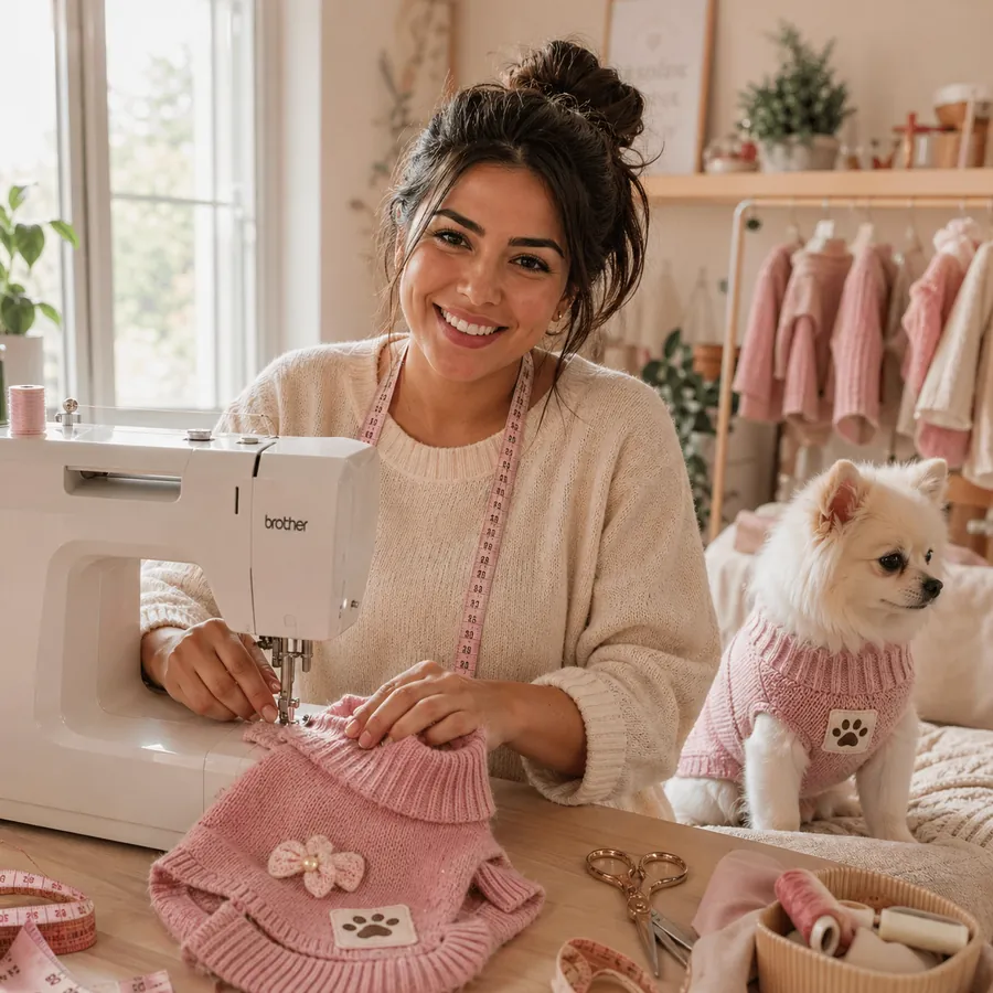 Costurera mexicana cosiendo suéter rosa para perro
